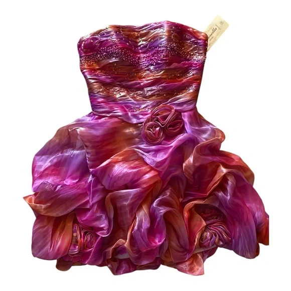 Vibrant   Pink Rainbow Beaded Strapless Cocktail Party Dress - Picture 2 of 6